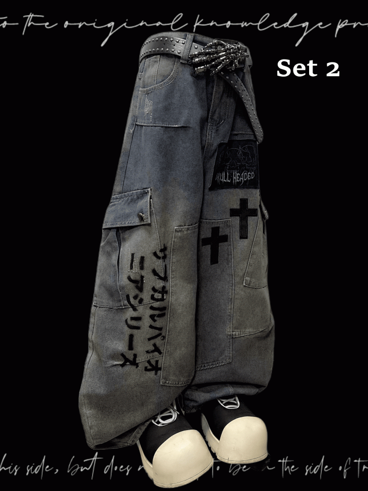 Jeans Blue Cross Applique Wasteland Punk Distressed Weites Bein Cargo