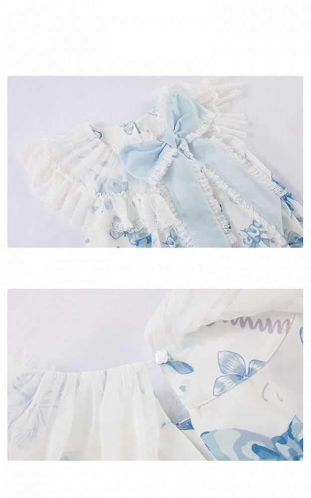 Blue Big Bowknot on Neckline Bows Double Layered Lolita Dress