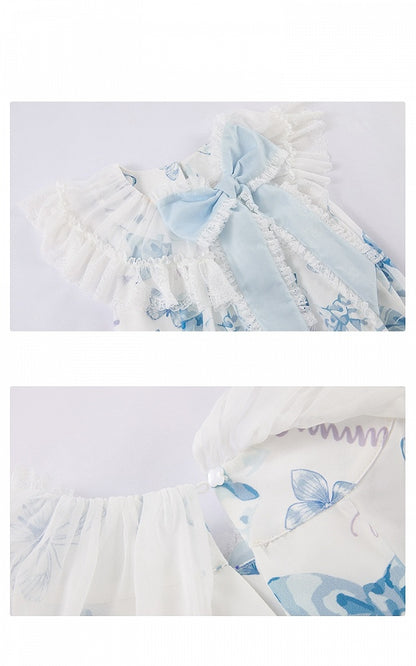 Blue Big Bowknot on Neckline Bows Double Layered Lolita Dress