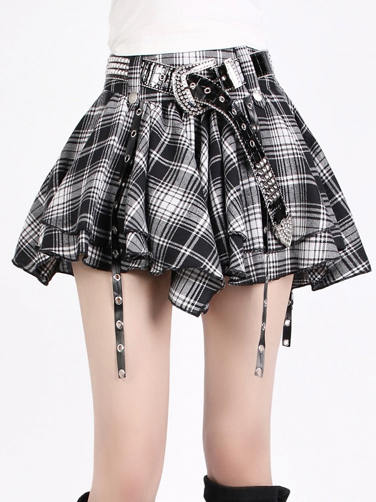 Schwarz-Weiß Gürtel Details Mini - Y2K Rock Plaid Tiered Design Dangling mit