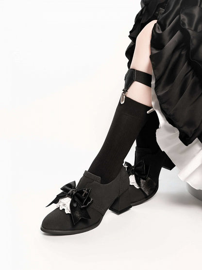 Black Velvet Gothic Bowknot High Heels Cross Lace - EvilStar