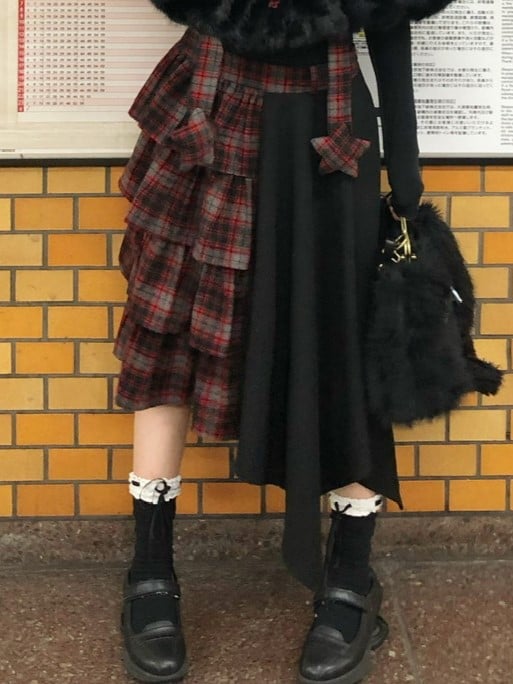 Wool Kawaii Plaid Black Skirt Bittersweet Tiered Red
