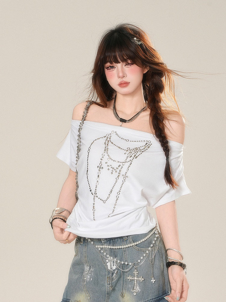 White Off-the-shoulder Neckline Beaded Chain Print T-Shirt