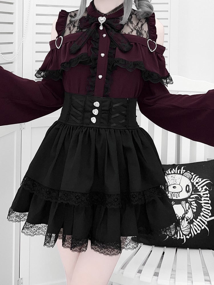 Sleeves Shoulders with Jirai Top Bell Set: Red Wine Open Kei Three-Piece