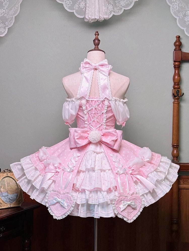 Sleeves Polka and Pink Old with Dress Lolita Accents Bow Neck Halter Dot Puff School
