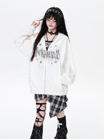 Kapuzenjacke mit Reißverschluss, Löchern im Used-Look und ausgeschnittener Schulterpartie, Weiß/Schwarz