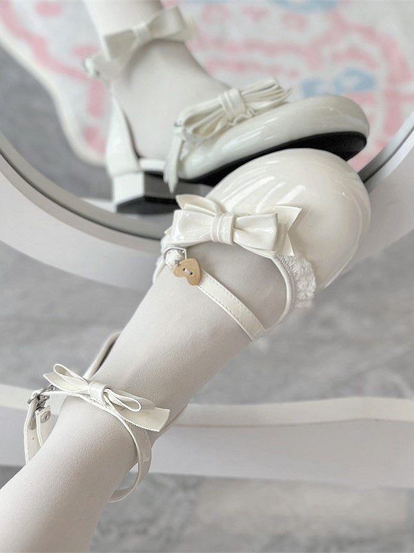 with Sandals Snap Sweet White and Low-heel Lolita Heart-Shaped Style Bows Decor