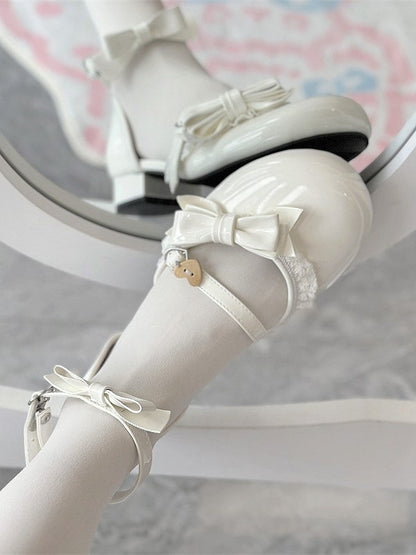with Sandals Snap Sweet White and Low-heel Lolita Heart-Shaped Style Bows Decor