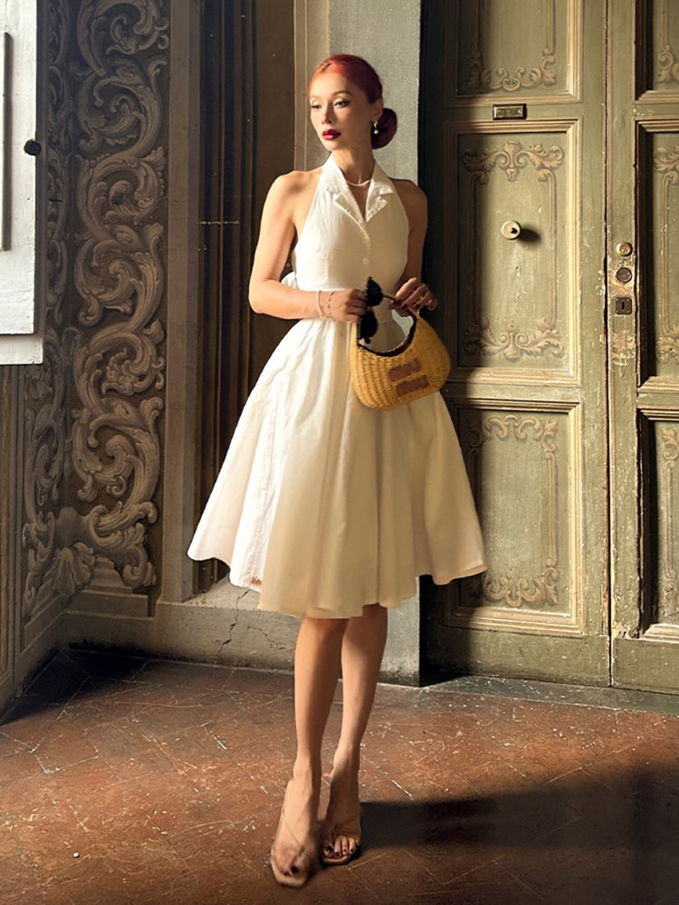 ヴィンテージホワイトホルターネックセルフタイストラップトップス