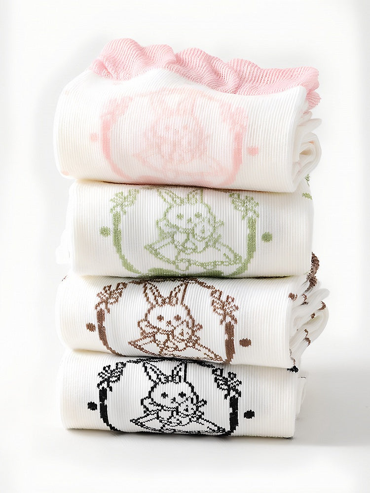 Polka-dot Mint Green/Pink/Black/Brown Print Stock Pattern Ruffled Bunny Calf Lolita