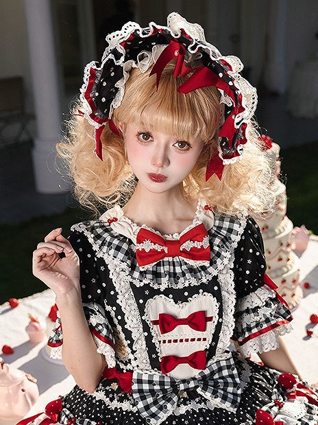White/Black/Pink Lolita with Polka-dot Bows Bonnet Red/Red