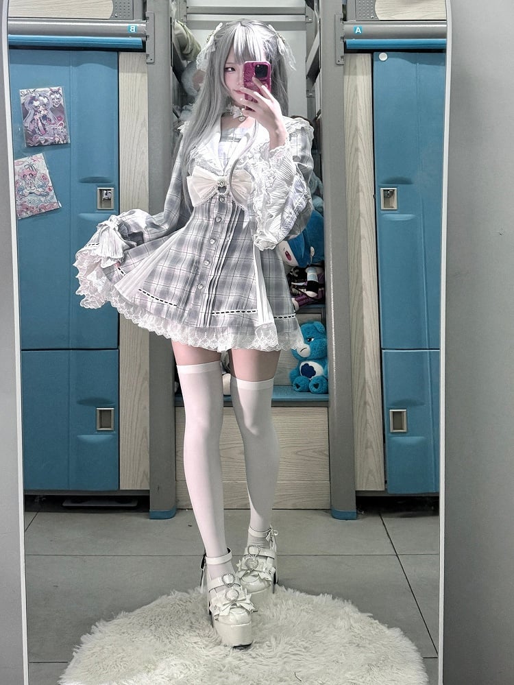 Sleeves Matching Landmine Two-Piece - Top Sailor Bow Shorts Blue + Gray Collar Set Style Bell