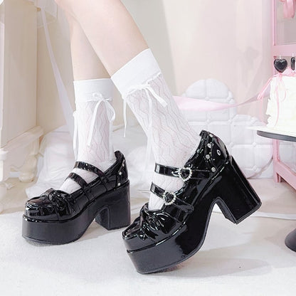 Polished Black Bow at Top Rhinestone Buckles Platform Mary Jane Shoes