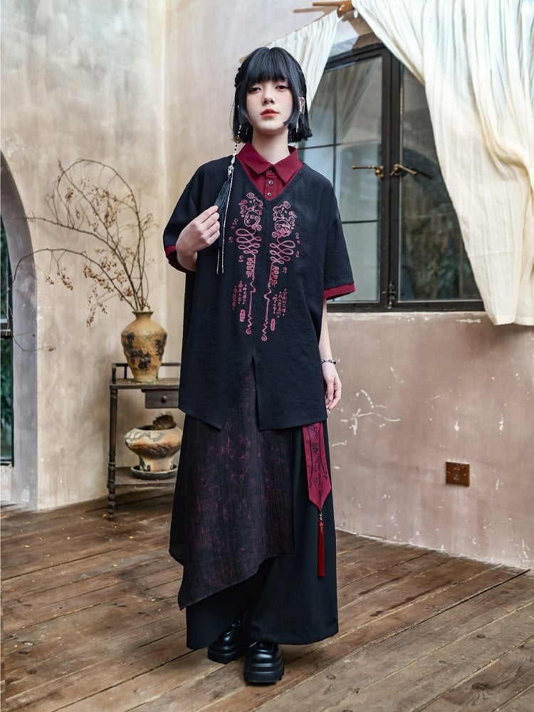 With Talisman Short-sleeve Gothic Fake Blouse Black Two-piece Chinese Print Red