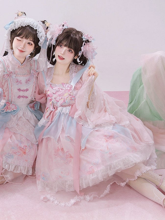 Lolita Overlay Floral Trim Edge Han with Scalloped Dress Golden JSK Blue Embroidery and Print Pink Fish