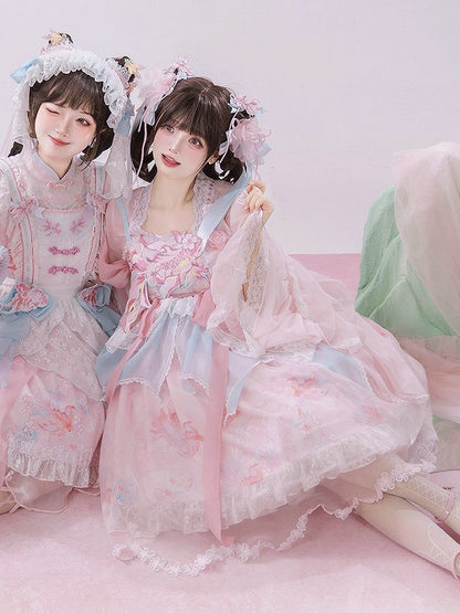 Lolita Overlay Floral Trim Edge Han with Scalloped Dress Golden JSK Blue Embroidery and Print Pink Fish