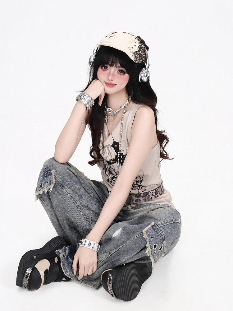 Apricot Y2K Tank Top with Spider and Thorn Print and Rivets - CRAZY GIRL