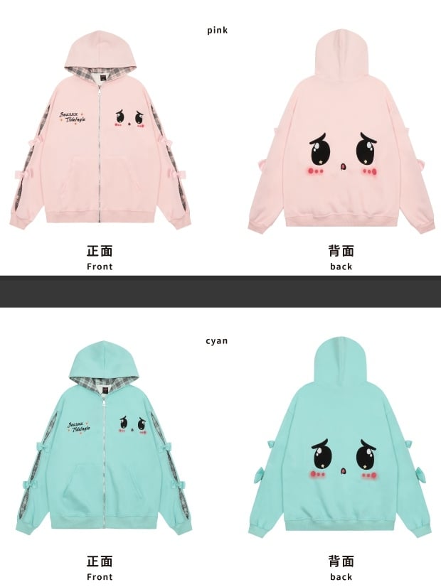 Süßer Yami Kawaii Türkisblau/Pink Zip Hoodie mit traurigen Augen