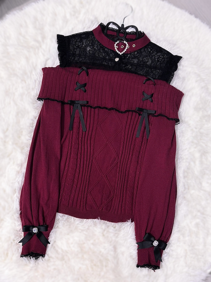 Kei Jirai Red Illusion Design Buckle Sweater: Wine Shoulder with Neckline Knit Open