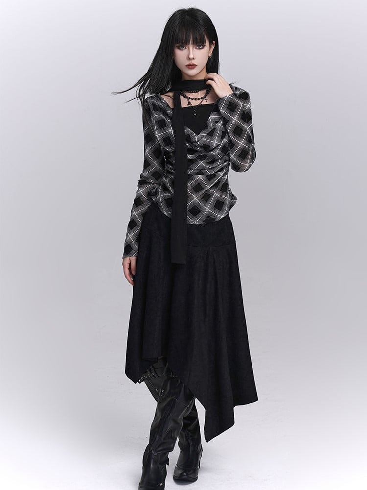 Maillard Fashion Taschentuchrock Saum Asymmetrisch Passender Schwarzer Wildledergürtel mit