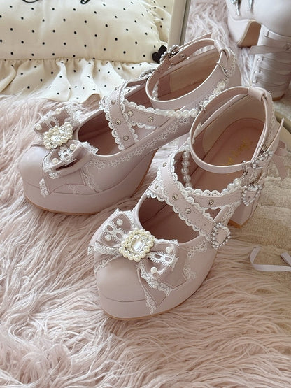 Pink Platform Mary Janes with Crystal Detail - Sheep Puff