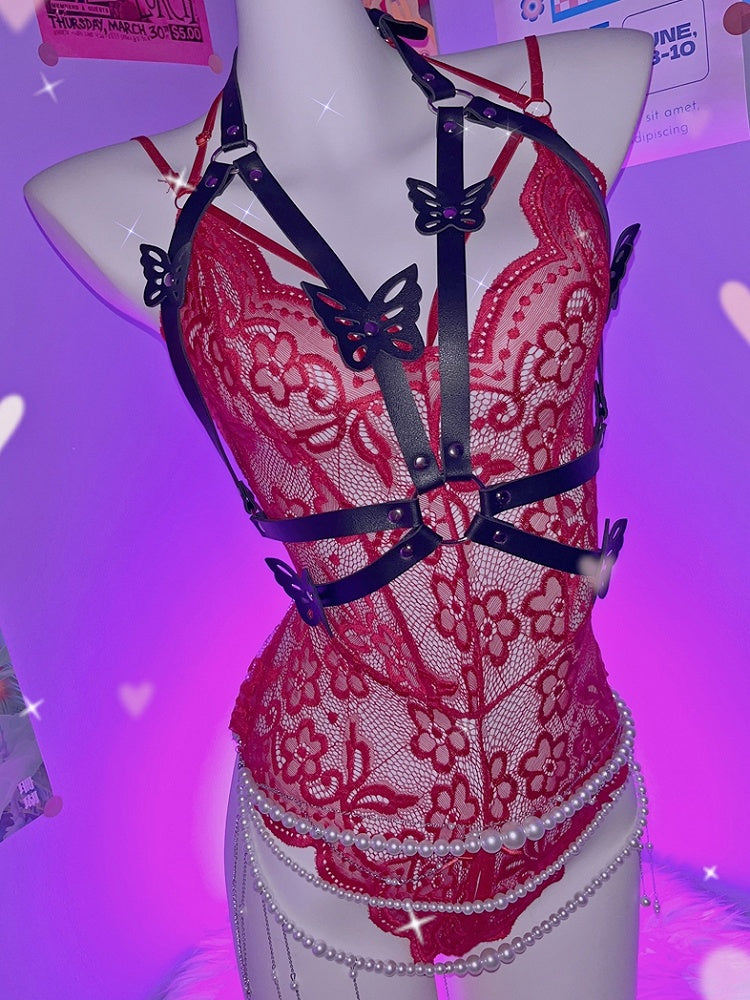 Belt Harness Butterfly Decorated Y2K PU Black