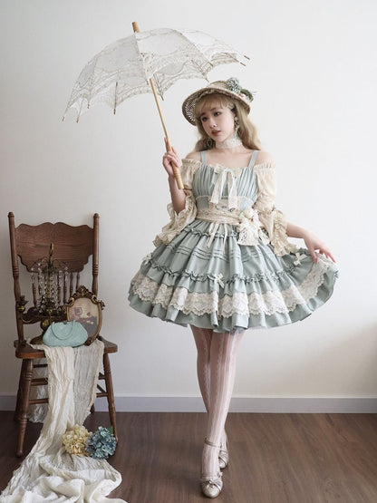 Ruffle Light Skirt Jumper Trim and Pleated Summer Lolita Green