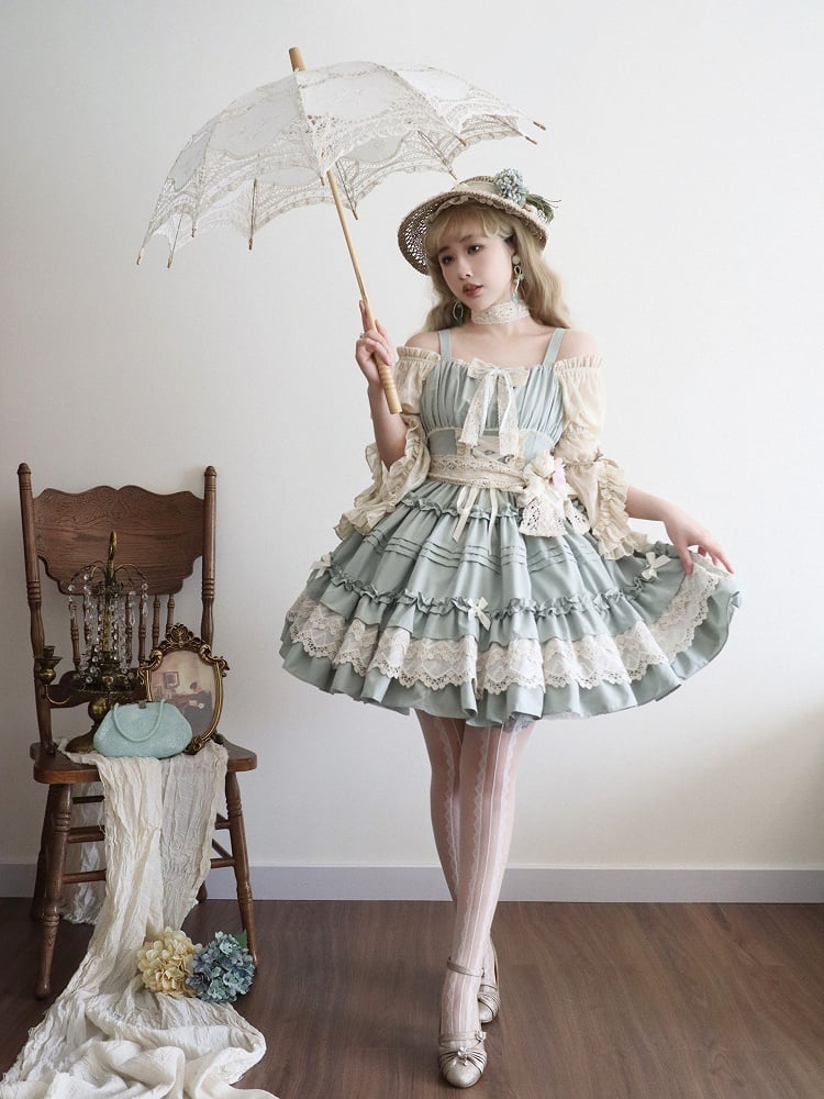 Light Jumper Skirt Ruffle Green Summer Trim Pleated and Lolita