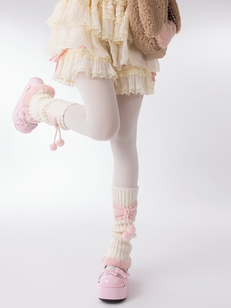 Knitted Leg Decorations White with 46CM Bowknot Pink Warmers Pom-Pom and