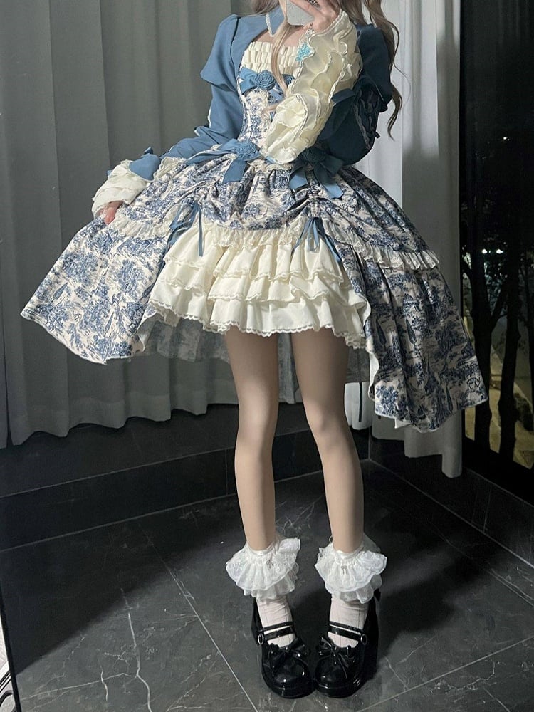 Bow Print Set + Elegant Skirt White Bolero Train High-low Rose Dress Jouy Blue and Accents de with Lolita Classic Toile