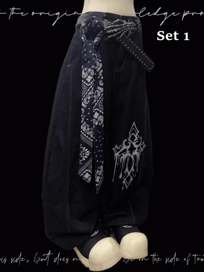 ダークブルーのクロスプリント ルーズワイドレッグジーンズ