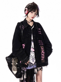 Denim Jacket Faded Wash Vintage Collar Pink Leopard Pattern Black Shirt