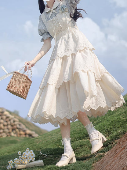 Puff Peter Plaid Blue Dusty Blouse Collar Pan with Sleeves