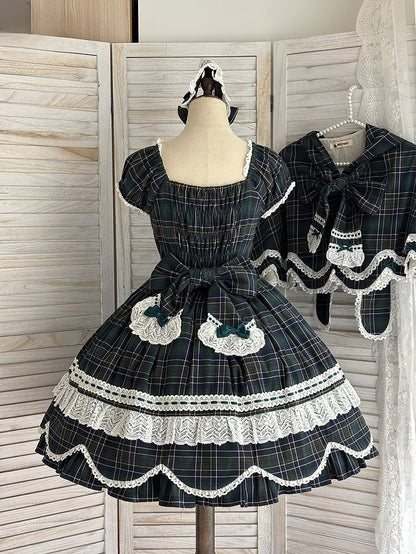und Kleid karierte Puffärmel mit Akzenten Lolita-Schleife gewellter Rand süßes Grün