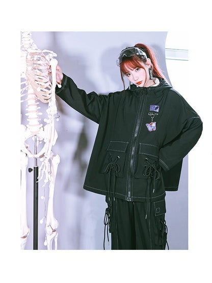 Black Cape 3D Drawstring Gothic Butterfly Pockets Crisscross with Hooded Embroidery Fleece-Lined Jacket