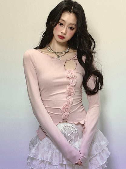 Pink Floral Design Slim-fit Cutout Top