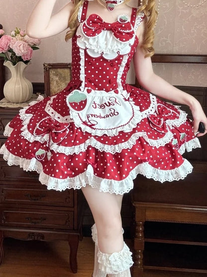and Details Themed Lace JSK Dot Strawberry Lolita with Vintage Dress Bow Red Polka