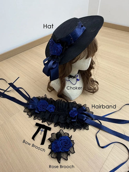 Rose Accessory Set: Hat, Hairband, Choker, Brooch, Multiple Colors - Sheer Ocean