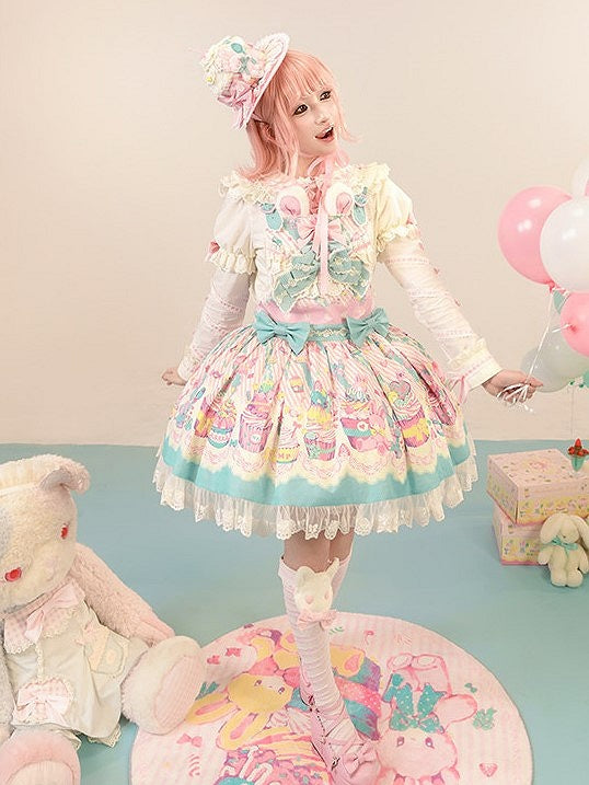 Cupcake Blue Pink and Dress Lolita Overall Sweet Print Bunny