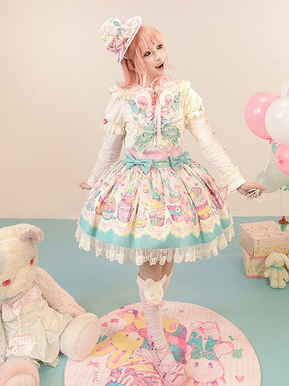 Cupcake Blue Pink and Dress Lolita Overall Sweet Print Bunny