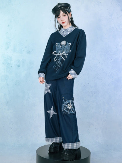 Navy Faux Two-Piece Plaid Collared Long Sleeve Shirt with Sea Angel Graphic - Quirky Hut