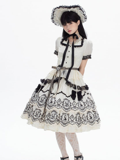 White Blouse Trim Black Lolita Pattern Scalloped Edge with Skirt Puff + Elegant Layered Rabbit Sleeves Set