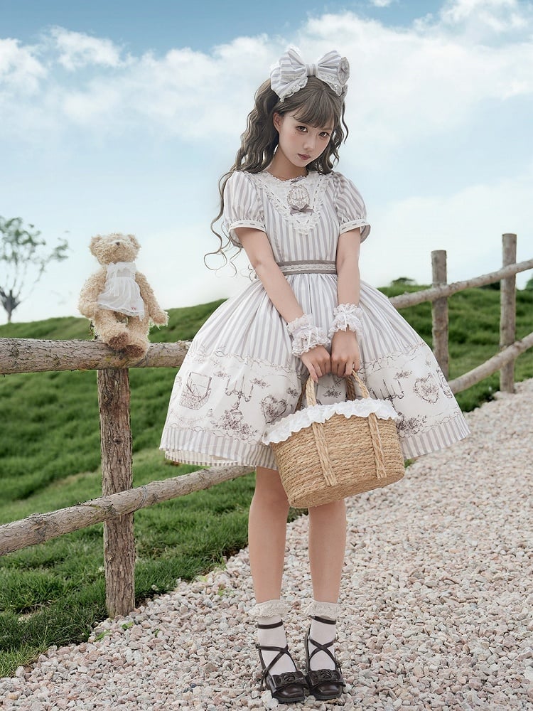 Classic Lolita Antique Porcelain Print and Embroidery OP Dress in Blue and Gray with Striped Pattern - Birds Diary