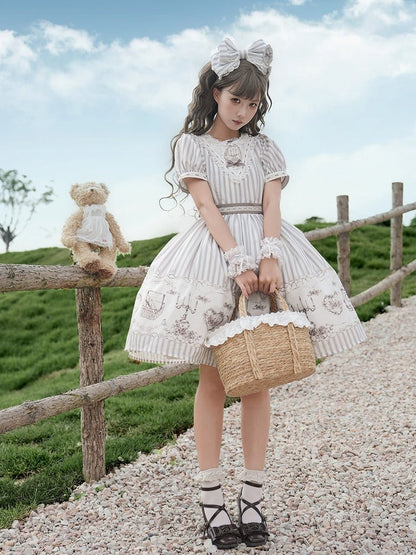 Classic Lolita Antique Porcelain Print and Embroidery OP Dress in Blue and Gray with Striped Pattern - Birds Diary