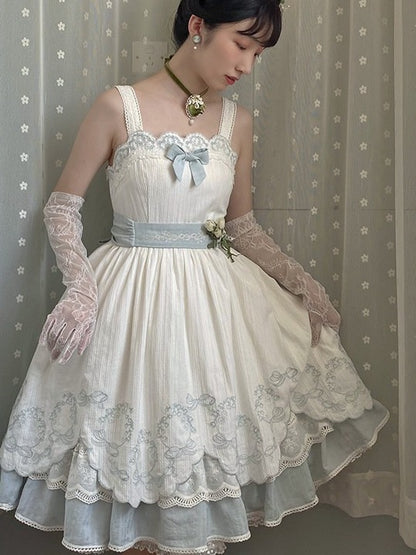 White & Blue Lace Trim JSK Dress with Bow and Belt - Rosa multiflora