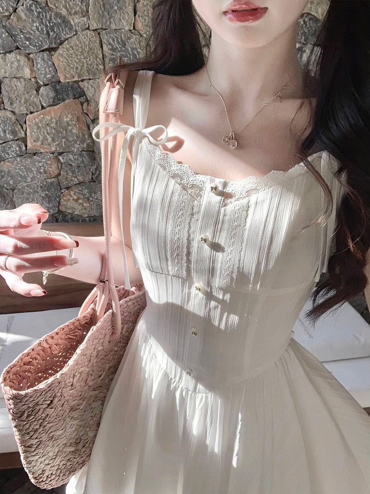 White Lace Detail Summer Holiday Dress - Qchiwawameme