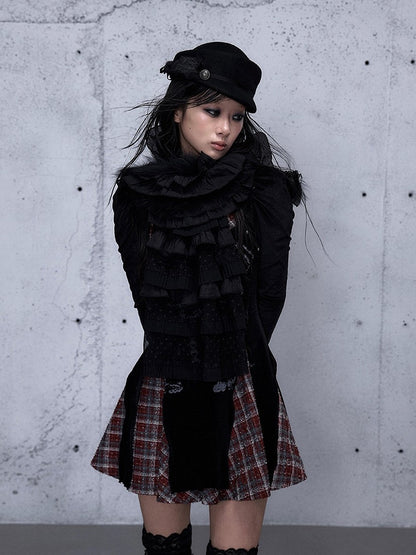Delicate Lace Vintage Plush Layered Punk Scarf Ruffles - Black