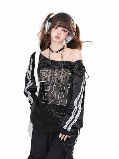 Schwarz/weißes, schulterfreies Oberteil mit kontrastierenden Spitzenpatches