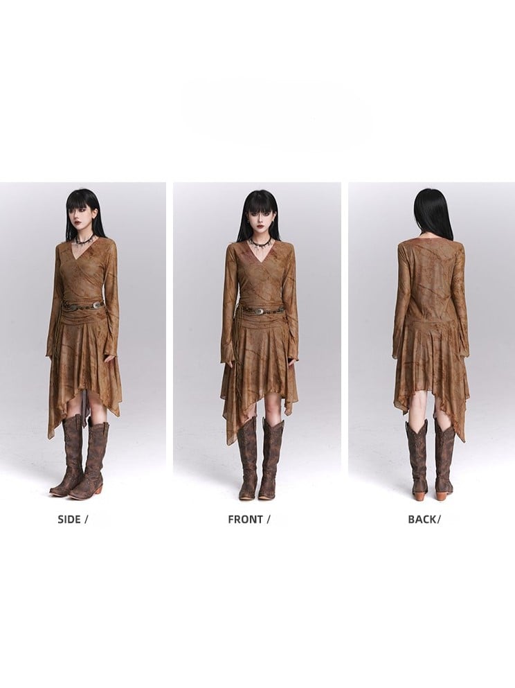 mit drapiertem Kaffee-Taschentuchkleid, V-Ausschnitt, asymmetrischem Saum