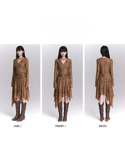 mit drapiertem Kaffee-Taschentuchkleid, V-Ausschnitt, asymmetrischem Saum